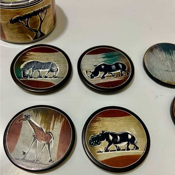 Hand-Painted African Safari Coaster Set with Holder – 7 Pc Animal Decor - Picture 9 of 11